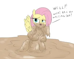 Size: 2000x1600 | Tagged: safe, artist:amateur-draw, derpibooru import, fluttershy, pegasus, pony, g4, covered in mud, female, fetish, image, mare, mud, mud bath, muddy, png, simple background, solo, solo female, spread wings, text, unamused, wet and messy, white background, wings