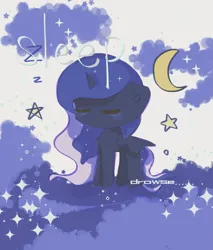 Size: 1705x2000 | Tagged: safe, artist:xinjinjumin091253688112, derpibooru import, princess luna, alicorn, pony, chibi, cloud, eyes closed, female, image, mare, moon, png, sleeping, solo, spread wings, text, wings