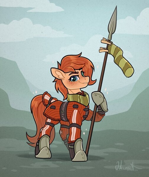 Size: 756x900 | Tagged: safe, artist:helmie-art, derpibooru import, oc, oc:rusty gears, unofficial characters only, earth pony, pony, armor, clothes, female, image, jpeg, mare, scarf, solo, spear, weapon