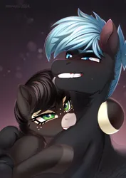 Size: 2480x3508 | Tagged: suggestive, artist:fenwaru, derpibooru import, oc, oc:midnight lancer, oc:obsidian limelight, crystal pony, pegasus, unicorn, biting, blushing, grimace, horn, image, neck biting, png