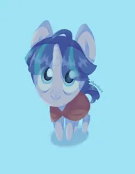 Size: 2776x3576 | Tagged: safe, artist:alex6886, derpibooru import, stygian, pony, unicorn, g4, blue background, cloak, clothes, cute, eye clipping through hair, high angle, horn, image, lineless, looking at you, png, puppy dog eyes, signature, simple background, solo, stygianbetes, wide eyes