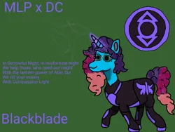 Size: 2048x1536 | Tagged: safe, artist:blackblade360, derpibooru import, pony, unicorn, g5, armor, armored pony, clothes, crossover, dc comics, digital art, female, glow, glowing horn, gradient mane, gradient tail, green background, green eyes, horn, ibispaint x, image, indigo lantern, lantern corps, latex, latex suit, logo, magic, magic aura, mare, misty brightdawn, png, pose, rebirth misty, shading, signature, simple background, superhero, superhero costume, tail, title card, uniform, unshorn fetlocks