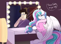 Size: 4000x2914 | Tagged: safe, artist:shamy-crist, derpibooru import, princess celestia, alicorn, human, pony, bathrobe, clothes, glasses, image, mirror, png, reflection, robe