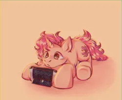 Size: 2056x1685 | Tagged: safe, artist:alex6886, derpibooru import, oc, oc:cotton bloom, unofficial characters only, pony, unicorn, brown eyes, horn, image, lying down, messy mane, nintendo, nintendo switch, pink hair, pink mane, png, simple background, solo