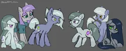 Size: 3840x1556 | Tagged: safe, artist:metaruscarlet, derpibooru import, limestone pie, marble pie, maud pie, oc, oc:minkie pie, earth pony, pony, female, gray background, grin, hopping, image, looking at each other, looking at someone, lying down, open mouth, pie sisters, png, raised hoof, sad, siblings, simple background, sisters, smiling, teeth