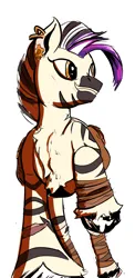 Size: 1320x2707 | Tagged: safe, artist:skunkstripe, derpibooru import, oc, oc:vitali, zebra, fanfic:set sail, bag, bandage, ear piercing, earring, female, image, jewelry, piercing, png, simple background, solo, solo female, white background, zebra oc