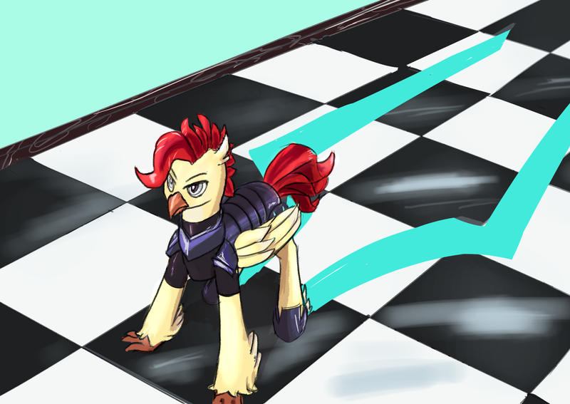 Size: 1518x1075 | Tagged: safe, artist:skunkstripe, derpibooru import, oc, hippogriff, armor, chessboard, hippogriff oc, image, png, soldier, solo, storm guard, storm king's emblem