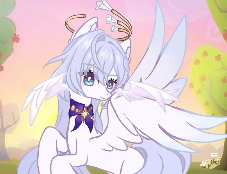 Size: 1680x1291 | Tagged: safe, artist:xiaoshundrew, derpibooru import, ponified, pegasus, pony, apple, female, food, honkai: star rail, image, mare, png, robin (honkai: star rail), sunset, tree