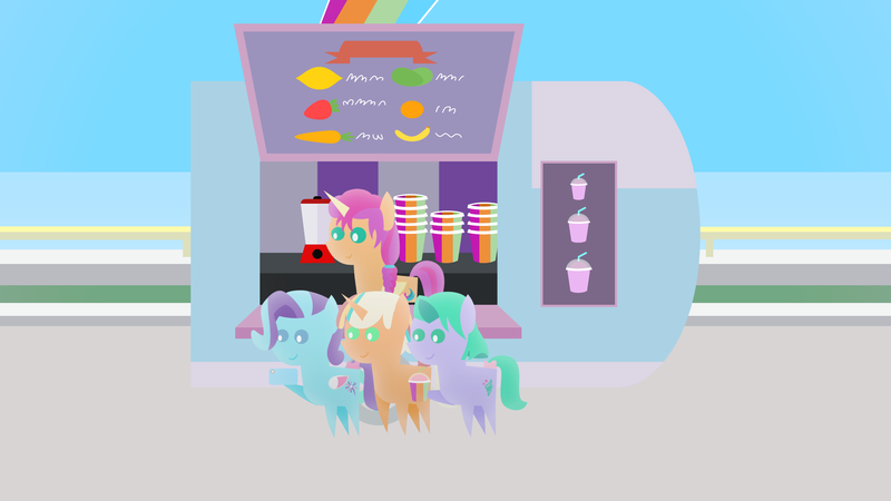 Size: 1920x1080 | Tagged: safe, artist:carrotorangelight, derpibooru import, sunny starscout, alicorn, g5, my little pony: a new generation, drink, female, glory (g5), image, peach fizz, png, race swap, seashell (g5), smoothie, smoothie cart, sunnycorn