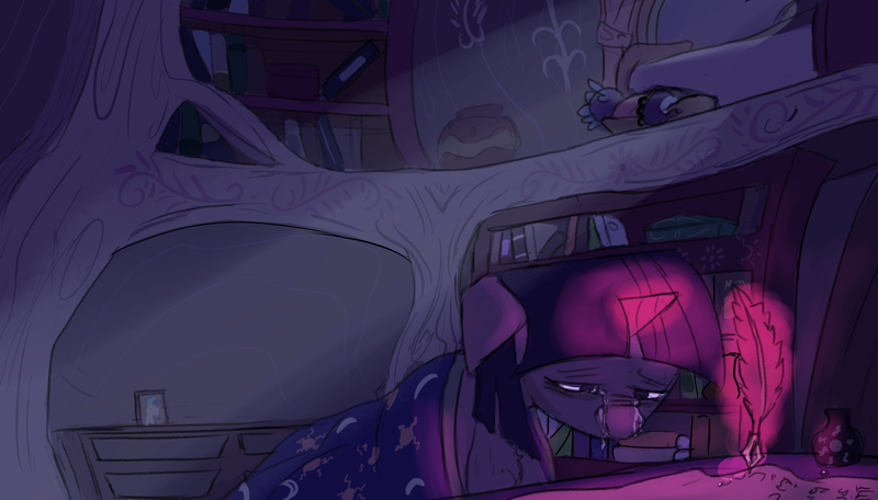 Size: 2035x1159 | Tagged: safe, artist:skunkstripe, derpibooru import, spike, twilight sparkle, writing desk, unicorn, fanfic, blanket, bookshelf, crying, fanfic art, fanfic cover, floppy ears, glowing horn, golden oaks library, horn, image, indoors, ink, inkwell, letter, library, low light, magic, moonlight, night, png, quill pen, sad, sleeping, telekinesis, twilight's bedroom, unicorn twilight, window, writing