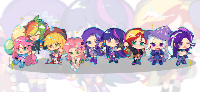 Size: 1680x772 | Tagged: safe, artist:wumingshi61160, derpibooru import, applejack, fluttershy, pinkie pie, rainbow dash, rarity, sci-twi, starlight glimmer, sunset shimmer, trixie, twilight sparkle, human, equestria girls, g4, chibi, human coloration, humane five, humane seven, humane six, image, light skin, png