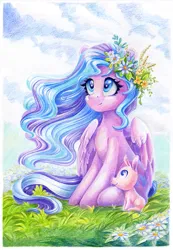 Size: 895x1294 | Tagged: safe, artist:maytee, derpibooru import, flitterheart, pegasus, pig, pony, g4, brushables zine, colored pencil drawing, floral head wreath, flower, flower in hair, image, png, sitting, smiling, traditional art