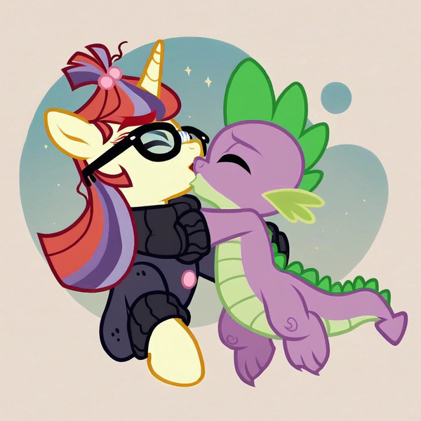 Size: 1024x1024 | Tagged: safe, ai content, derpibooru import, machine learning generated, prompter:hollaholla69, moondancer, spike, dragon, pony, g4, female, image, jpeg, kissing, male, shipping, spikedancer, straight