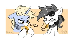 Size: 1500x850 | Tagged: safe, artist:morningbullet, derpibooru import, oc, oc:noot, oc:nootaz, earth pony, pony, unicorn, blushing, happy, horn, image, kazoo, musical instrument, png, simple background, smiling, text