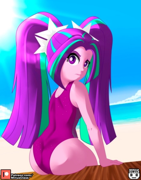 Size: 704x900 | Tagged: suggestive, artist:minusclass, derpibooru import, aria blaze, human, equestria girls, g4, 2d, ass, bangs, beach, butt, clothes, cloud, day, eyebrows, eyes closed, female, image, jpeg, looking at you, looking back, ocean, one-piece swimsuit, outdoors, patreon, patreon logo, pigtails, raised eyebrow, sand, sitting, sky, sleeveless, solo, sun, swimsuit, twintails, water