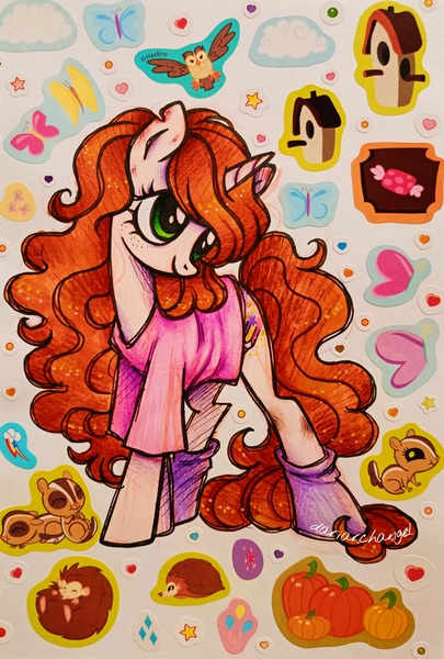 Size: 2609x3866 | Tagged: safe, artist:dariarchangel, derpibooru import, owlowiscious, oc, oc:dariarchangel, ponified, unofficial characters only, butterfly, hedgehog, insect, pony, unicorn, g4, candy, clothes, cloud, curly hair, curly mane, curly tail, cute, female, female oc, food, freckles, green eyes, heart, horn, image, jpeg, long hair, long mane, long tail, looking up, mare, ocbetes, pale skin, ponysona, pumpkin, redhead, scuff mark, self insert, shirt, shy, shy smile, slender, smiling, socks, solo, standing, stars, sticker, t-shirt, tail, thin, thin legs, torn ear, traditional art, unicorn oc