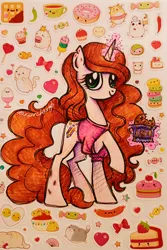 Size: 2604x3889 | Tagged: safe, artist:dariarchangel, derpibooru import, oc, oc:dariarchangel, ponified, unofficial characters only, bear, cat, panda, pony, unicorn, g4, bruised, cake, clothes, cookie, cup, curly hair, curly mane, curly tail, cute, donut, female, female oc, food, freckles, green eyes, horn, image, jpeg, levitation, long hair, long mane, long tail, magic, magic aura, ocbetes, pale skin, ponysona, raised hoof, redhead, scuff mark, self insert, shy, shy smile, slender, smiling, solo, standing, standing on three hooves, sticker, tail, teacup, telekinesis, thin, thin legs, torn ear, traditional art, unicorn oc