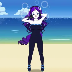 Size: 1080x1080 | Tagged: safe, artist:shitsandgiggles, artist:shitsangigglz, derpibooru import, rarity, anthro, human, unicorn, equestria girls, g4, the other side, beach, bodysuit, breasts, busty rarity, clothes, diamond, diamonds, female, headphones, high heels, horn, humanized, image, my little pony equestria girls: better together, png, shoes, solo, solo female