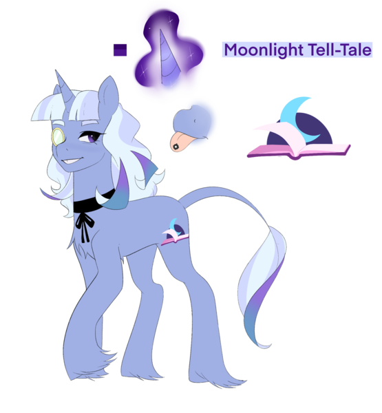 Size: 1280x1384 | Tagged: safe, artist:aztrial, derpibooru import, oc, oc:moonlight tell-tale, unofficial characters only, pony, unicorn, bio in description, chest fluff, female, horn, image, leonine tail, long fetlocks, magic, magic aura, magical lesbian spawn, mare, next generation, offspring, parent:starlight glimmer, parent:trixie, parents:startrix, piercing, png, purple eyes, raised hoof, simple background, tail, tongue piercing, trans female, transgender, unicorn oc, unshorn fetlocks, white background