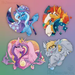 Size: 2700x2700 | Tagged: safe, artist:alzmariowolfe, derpibooru import, derpy hooves, princess cadance, sunburst, trixie, alicorn, pegasus, pony, unicorn, g4, cape, clothes, female, gradient background, hat, horn, image, male, mare, png, stallion, trixie's cape, trixie's hat