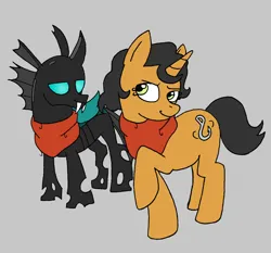 Size: 1440x1342 | Tagged: safe, derpibooru import, oc, oc:mouth, oc:swindler, unofficial characters only, changeling, pony, unicorn, changeling oc, clothes, derpibooru exclusive, female, fish hooks, gray background, horn, image, png, scarf, siblings, simple background, sisters, unicorn oc