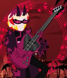 Size: 925x1072 | Tagged: safe, artist:robertsonskywa1, derpibooru import, oc, oc:starbreaker firewalker, demon, human, equestria girls, g4, clothes, guitar, hazbin hotel, hell, hellaverse, image, musical instrument, my little pony equestria girls: rainbow rocks, photo, png, rainbow rocks 10th anniversary, smiling, spikes, sunglasses, trenchcoat