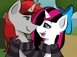 Size: 2048x1535 | Tagged: safe, artist:doodle-hooves, ponerpics import, oc, oc:ownedunicorn, unofficial characters only, pony, clothes, female, image, jpeg, looking at each other, male, mare, scarf, stallion