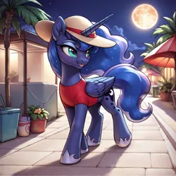 Size: 2400x2400 | Tagged: safe, ai content, derpibooru import, machine learning generated, prompter:infernum, stable diffusion, princess luna, alicorn, pony, g4, clothes, cloud, female, front view, generator:pony diffusion v6 xl, horn, image, looking sideways, moon, night, palm tree, panama hat, plant, png, potted plant, red shirt, road, shirt, sidewalk, sky, solo, solo female, tree, walking, wings