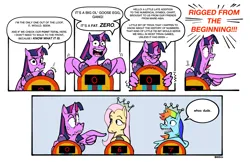 Size: 2897x1875 | Tagged: safe, artist:bixels, derpibooru import, fluttershy, rainbow dash, twilight sparkle, twilight sparkle (alicorn), alicorn, pegasus, pony, g4, comic, dialogue, female, image, mare, paper crown, png, pointing, simple background, speech bubble, trio, trio female, white background, wing hands, wings