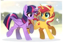 Size: 3859x2650 | Tagged: safe, artist:scarffist, derpibooru import, sunset shimmer, twilight sparkle, twilight sparkle (alicorn), alicorn, pony, unicorn, g4, base used, couple, cute, duo, duo female, female, green eyes, happy, horn, image, lesbian, long hair, long mane, long tail, looking at each other, looking at someone, png, purple eyes, running, shipping, smiling, sparkles, sunsetsparkle, tail, teeth, walking