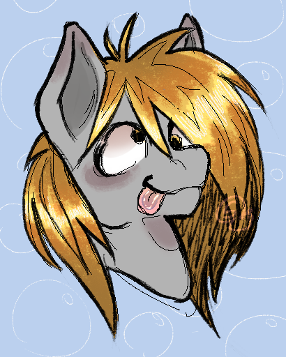 Size: 410x512 | Tagged: safe, derpibooru import, derpy hooves, pegasus, pony, g4, :3, :p, blushing, bubble, colored sketch, gray coat, image, patterned background, png, shiny mane, sketch, solo, tongue out, watermark, yellow eyes, yellow mane