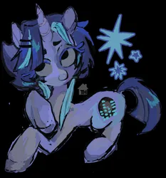 Size: 2834x3037 | Tagged: safe, artist:dddddaxie998839, derpibooru import, oc, oc:platinum record, unofficial characters only, pony, unicorn, 2024, big hooves, black background, blue coat, blue eyelashes, blue mane, blue tail, colored eyelashes, colored pinnae, gray sclera, hair accessory, hairclip, horn, image, lineless, looking up, lying down, mane accessory, mane clip, no catchlights, old art, png, raised hoof, shiny mane, shiny tail, short mane, short tail, simple background, smiling, solo, stars, straight tail, tail, toyhouse watermark, unicorn oc, watermark