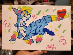 Size: 2048x1536 | Tagged: safe, artist:janegumball, derpibooru import, oc, oc:bash the piñata, unofficial characters only, piñata pony, pony, blue body, blue sclera, body markings, bucktooth, cheek fluff, colored hooves, colored sclera, commission, confetti, everfree northwest 2024, facial markings, freckles, hat, hooves, image, jpeg, leg markings, looking up, nonbinary oc, party hat, photo, pink eyes, piñata, posca, prancing, profile, signature, smiling, solo, traditional art, white hooves