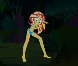 Size: 1280x1080 | Tagged: suggestive, editor:bdsmart196, sunset shimmer, equestria girls, barefoot, beautiful, bikini, clothes, cute, everfree forest, feet, image, jpeg, jungle, jungle girl, legs, loincloth, ripping clothes, sexy, solo female, swimsuit, torn clothes