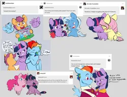 Size: 2048x1575 | Tagged: safe, artist:chub-wub, derpibooru import, fluttershy, pinkie pie, rainbow dash, scootaloo, trixie, twilight sparkle, earth pony, pegasus, pony, unicorn, g4, ask, badge, bangs, beard, blue coat, blue eyes, blue mane, blue tail, blushing, chest fluff, chibi, clothes, colored, colored sketch, crossed hooves, curly mane, curly tail, cute, cutealoo, dialogue, drawing, evil twilight, eyebrows, eyebrows visible through hair, eyelashes, eyes closed, facial hair, female, flat colors, flirting, flower, frown, glow, glowing horn, gray background, hatching (technique), holding, hoof hold, horn, image, jpeg, kneeling, lesbian, lidded eyes, looking away, lying down, magic, male, mare, messy mane, messy tail, missing cutie mark, mouthpiece, multicolored hair, multicolored mane, no pupils, nonbinary, nudging, nuzzling, on one knee, one eye closed, open mouth, open smile, orange coat, partially open wings, pink mane, pink tail, prone, purple coat, purple eyes, purple mane, rainbow hair, raised eyebrow, red eyes, requested art, rose, scootadoption, ship:twishy, ship:twixie, shipping, short mane twilight sparkle, simple background, sitting, sketch, smiling, speech bubble, tail, talking, telekinesis, text, three toned mane, trans male, trans rainbow dash, trans twilight sparkle, transgender, tumblr, twidash, twilight sparkle is not amused, twinkie, two toned mane, two toned tail, unamused, unicorn twilight, uniform, wall of tags, wings, wink, yellow coat