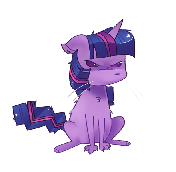 Size: 1341x1305 | Tagged: safe, artist:koidial, derpibooru import, twilight sparkle, cat, cat pony, original species, pony, unicorn, g4, angry, behaving like a cat, bristling fur, colored claws, colored sclera, cute, female, floppy ears, frazzled, grumpy, grumpy twilight, horn, image, mare, narrowed eyes, no mouth, no pupils, png, purple coat, purple eyes, purple fur, shiny mane, shiny tail, signature, simple background, sitting, solo, transparent background, twiabetes, twilight cat, twilight sparkle is not amused, unamused, unicorn horn, whiskers