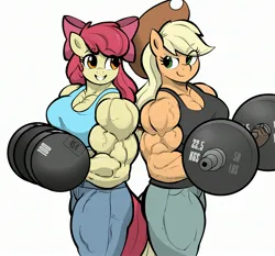 Size: 2773x2583 | Tagged: safe, artist:matchstickman, derpibooru import, apple bloom, applejack, anthro, earth pony, pony, g4, apple bloom's bow, apple brawn, apple sisters, applejack's hat, applejacked, back to back, barbell, biceps, bow, breasts, busty apple bloom, busty applejack, clothes, cowboy hat, deltoids, denim, dumbbell (object), duo, duo female, female, hair bow, hat, image, jeans, jpeg, looking at each other, looking at someone, mare, muscles, muscular female, older, older apple bloom, pants, pecs, siblings, simple background, sisters, smiling, smirk, triceps, vein, weight lifting, weights, white background, workout