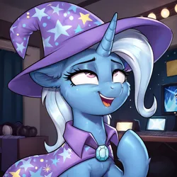 Size: 1024x1024 | Tagged: safe, ai content, derpibooru import, machine learning generated, prompter:thelight3d, stable diffusion, trixie, g4, generator:pony diffusion v6 xl, hat, image, png, wizard hat