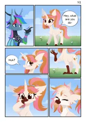 Size: 3999x5656 | Tagged: safe, artist:belka-sempai, derpibooru import, oc, oc:azure star (fauli1221), oc:belka, unofficial characters only, draconequus, gryphon, pony, unicorn, comic, cute, griffonized, horn, image, png, species swap, speech bubble, text, transformation