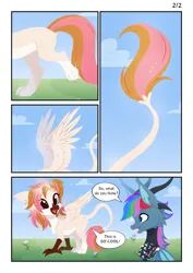 Size: 3999x5656 | Tagged: safe, artist:belka-sempai, derpibooru import, oc, oc:azure star (fauli1221), oc:belka, unofficial characters only, draconequus, gryphon, pony, comic, cute, griffonized, horn, image, png, species swap, speech bubble, text, transformation