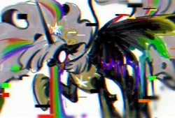 Size: 4298x2909 | Tagged: safe, artist:r-cang, derpibooru import, oc, unofficial characters only, alicorn, pony, black coat, error, glitch, image, jpeg, rainbow, raised hoof, solo, vomit, white eyes