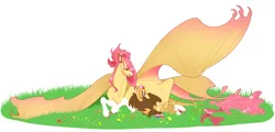 Size: 1280x613 | Tagged: safe, artist:courtjesterart, derpibooru import, fluttershy, oc, oc:scattered light, bat pony, pony, bat ponified, bat pony oc, bat wings, coat markings, duo, duo female, female, filly, flutterbat, fluttermom, foal, image, large wings, lying down, magical lesbian spawn, mare, mother and child, mother and daughter, offspring, parent:fluttershy, parent:rainbow dash, parents:flutterdash, png, prone, race swap, side, simple background, socks (coat marking), story included, white background, wing shelter, wings