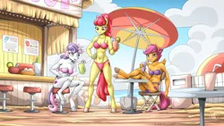 Size: 2560x1440 | Tagged: safe, artist:mysticalpha, derpibooru import, apple bloom, scootaloo, sweetie belle, anthro, earth pony, pegasus, unguligrade anthro, unicorn, g4, ass, bar, beach, beach umbrella, belly, belly button, bikini, breasts, busty apple bloom, busty cmc, busty scootaloo, busty sweetie belle, butt, cleavage, clothes, cutie mark crusaders, drink, drinking, drinking straw, female, grin, hand on hip, horn, image, older, older apple bloom, older cmc, older scootaloo, older sweetie belle, open mouth, open smile, png, red bikini, scootabutt, smiling, stool, swimsuit, trio, trio female, umbrella, underhoof