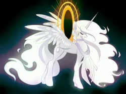 Size: 4608x3456 | Tagged: safe, artist:r-cang, derpibooru import, princess celestia, alicorn, pony, abstract background, alternate design, alternate universe, eyes closed, female, full body, image, jpeg, mare, side view, solo, spread wings, tail, white coat, white mane, white tail, wings