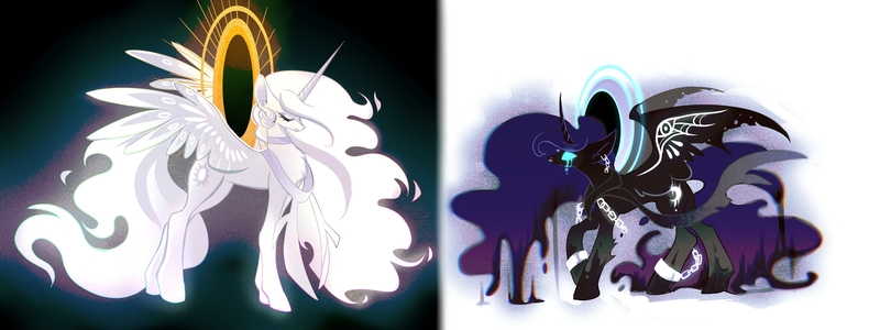 Size: 6000x2250 | Tagged: safe, artist:r-cang, derpibooru import, princess celestia, princess luna, alicorn, pony, abstract background, alternate design, alternate universe, chains, crying, duo, duo female, eyes closed, female, full body, image, jpeg, mare, side view, simple background, spread wings, tail, white background, white coat, white mane, white tail, wings