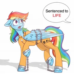 Size: 2048x2048 | Tagged: safe, artist:bunnyc4ke, derpibooru import, rainbow dash, bound wings, chained, chains, clothes, commissioner:rainbowdash69, image, jpeg, jumpsuit, looking at someone, never doubt rainbowdash69's involvement, open mouth, prison outfit, prisoner, prisoner rd, shocked, solo, speech bubble, wings