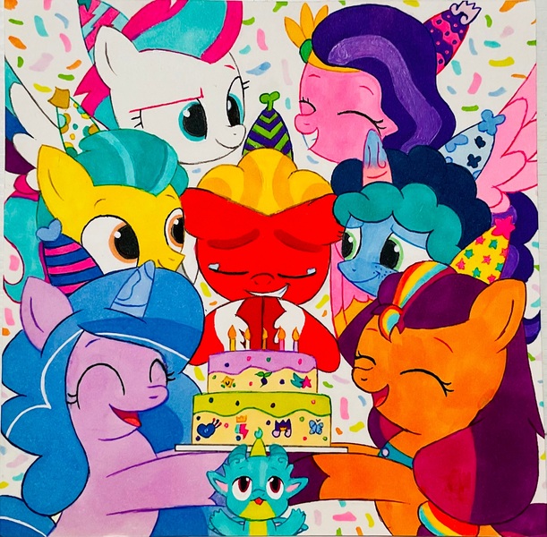 Size: 2199x2161 | Tagged: safe, artist:ponyyjt, derpibooru import, hitch trailblazer, izzy moonbow, pipp petals, sparky sparkeroni, sprout cloverleaf, sunny starscout, zipp storm, dragon, earth pony, pegasus, pony, unicorn, g4, g5, birthday, birthday cake, cake, crying, food, g5 to g4, generation leap, happy, hat, horn, image, jpeg, misty brightdawn, open mouth, open smile, party, party hat, photo, smiling, tears of joy, traditional art