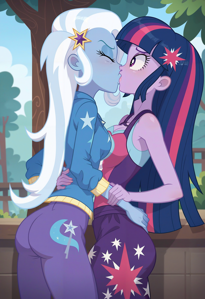 Size: 2496x3648 | Tagged: suggestive, ai content, derpibooru import, machine learning generated, prompter:kimberlite, stable diffusion, trixie, twilight sparkle, human, equestria girls, g4, generator:pony diffusion v6 xl, image, kissing, png