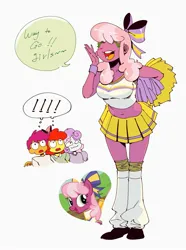 Size: 1633x2190 | Tagged: safe, artist:wise_fully, derpibooru import, apple bloom, cheerilee, scootaloo, sweetie belle, human, equestria girls, g4, cheerleader, cheerleader outfit, clothes, cutie mark crusaders, exclamation point, heart, horn, horned humanization, humanized, image, jpeg, simple background, speech bubble, text, white background, winged humanization, wings