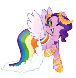 Size: 976x1004 | Tagged: safe, artist:afrayedfox, derpibooru import, pipp petals, pegasus, pony, g5, blush scribble, blushing, clothes, dress, female, gala dress, grin, image, jpeg, laurel wreath, looking at you, mare, no pupils, one eye closed, simple background, smiling, smiling at you, solo, spread wings, white background, wings, wink, winking at you